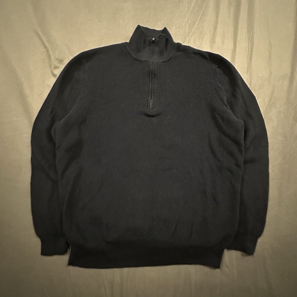 Hugo Boss Sweater Mens XL Quarter Zip Cotton Knit Pullover Mock Neck Spread Navy